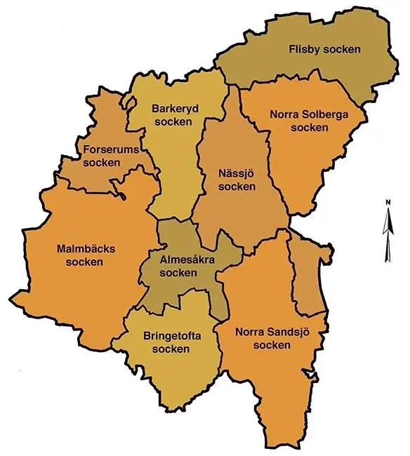 Illustrerad karta som visar socknarna i Nässjö kommun