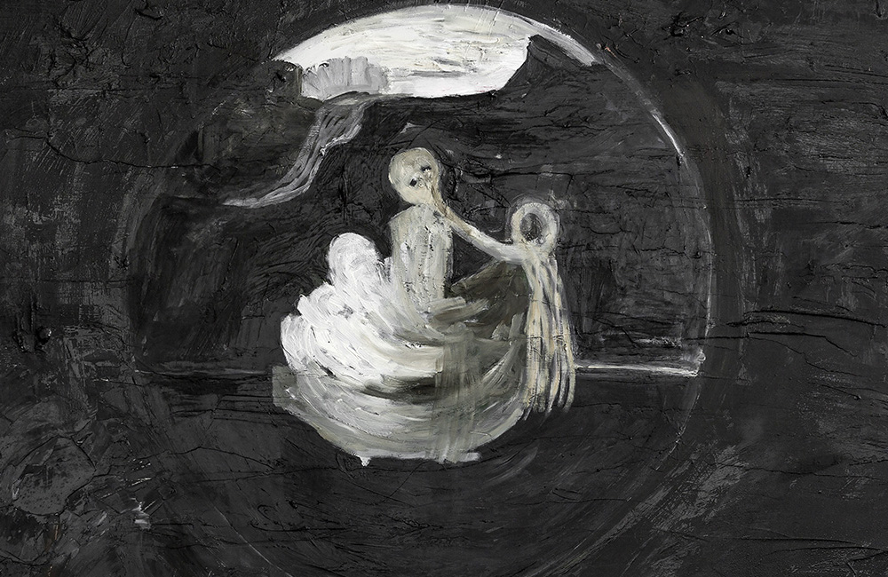 En svart målning med en figur i vitt inuti en cirkel.