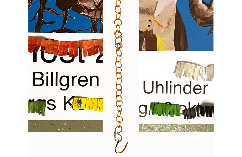 Ett hopklipp av bilddelar, fransar och en guldkedja med en krok. Texten "Billgren" samt "Uhlinder" syns i svart