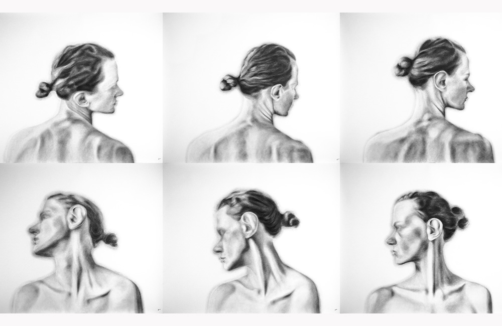 Sex blyertsteckningar av samma kvinnohuvud från olika vinklar och i lite olika poser.