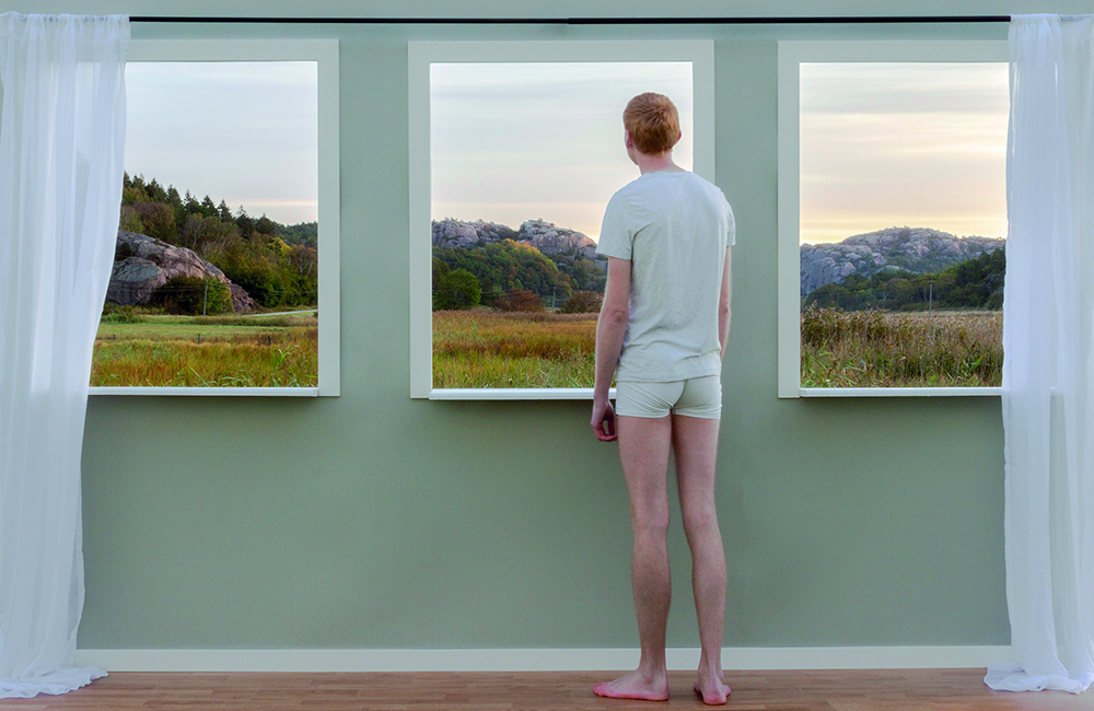 En man iklädd vita boxershorts och en vit t-shirt blickar ut genom ett fönster mot ett landskap.