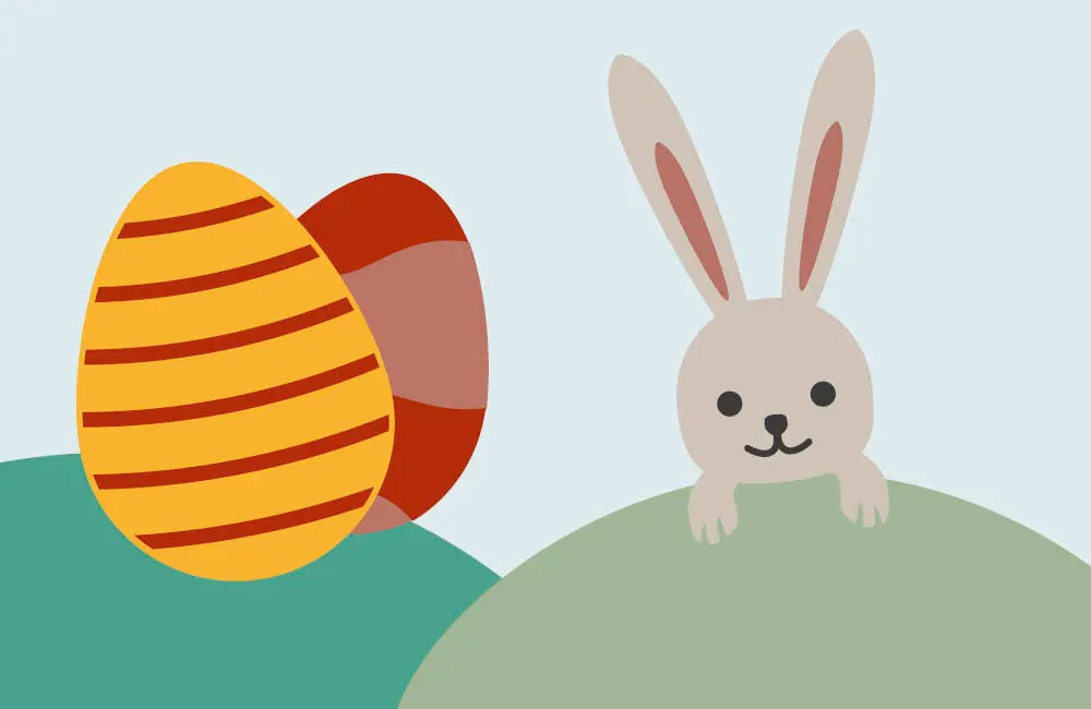 Illustration av en hare och två målade ägg. Illustrationen är för Nässjö kommuns lovaktiviteter som sker under påsklovet.